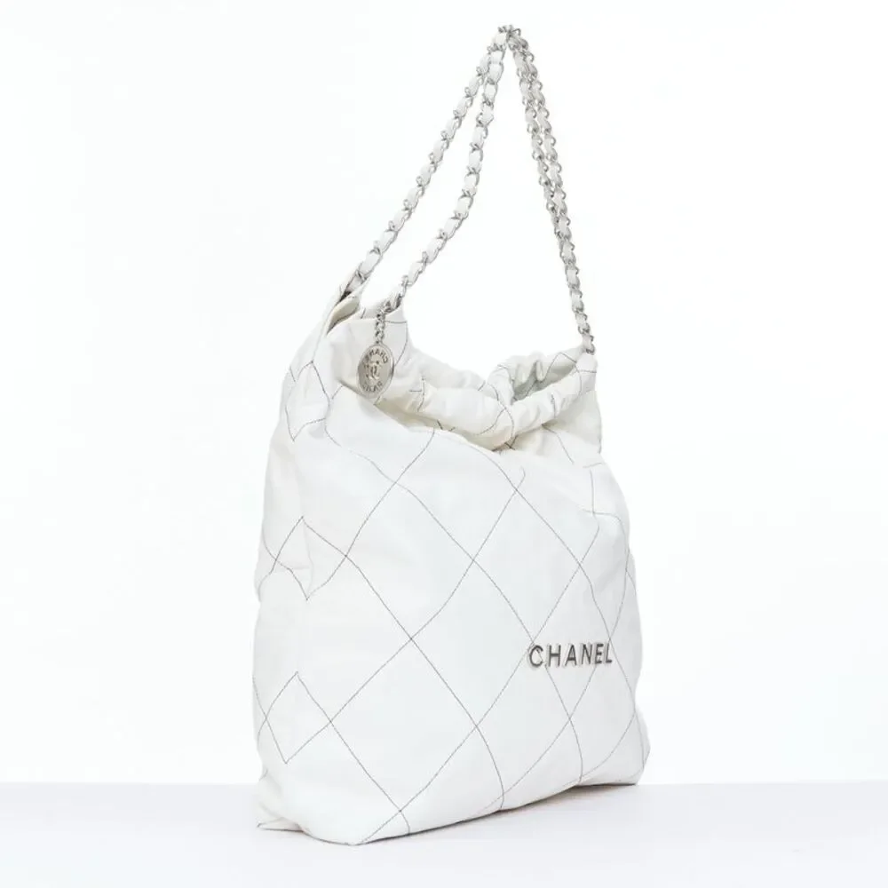 Chanel 2022 22 White Quilted Leather Hobo Bag